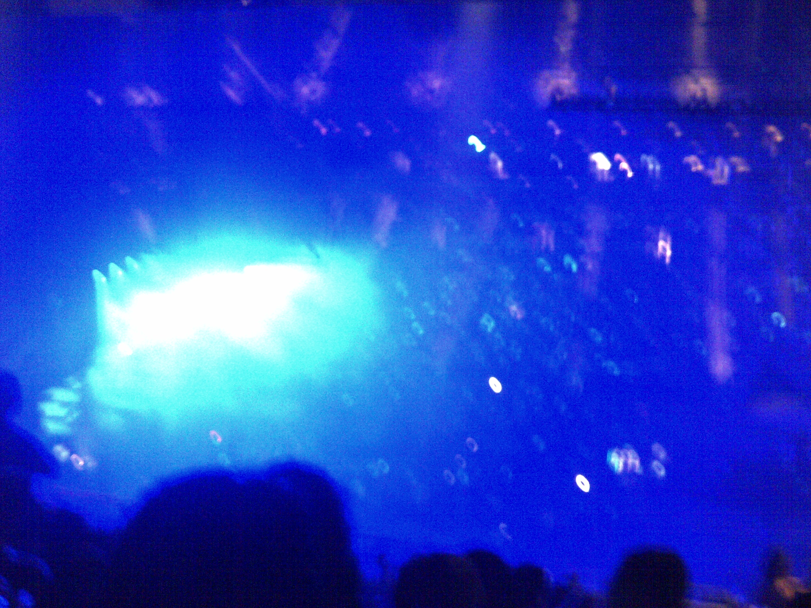 Blurry photo of a concert venue with bright blue lighting and an out-of-focus crowd.
